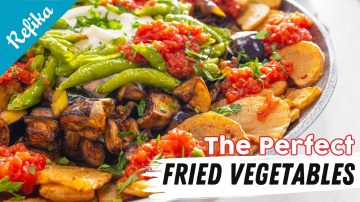 Mixed Fried Vegetables with Yogurt and Tomato Sauce