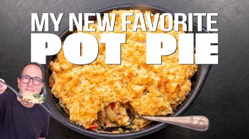 Smoked Bratwurst Pie with Barbecue Alfredo Sauce and Cheddar Bay Biscuits